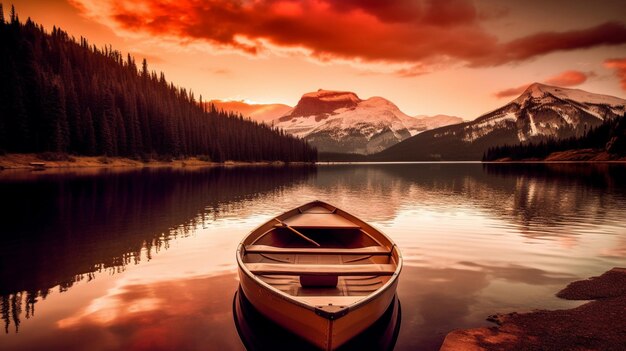 Un barco en un lago con montañas al fondo.