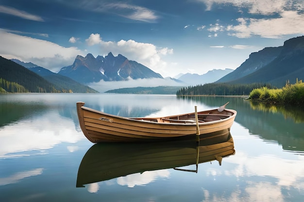 Un barco en un lago con montañas al fondo.