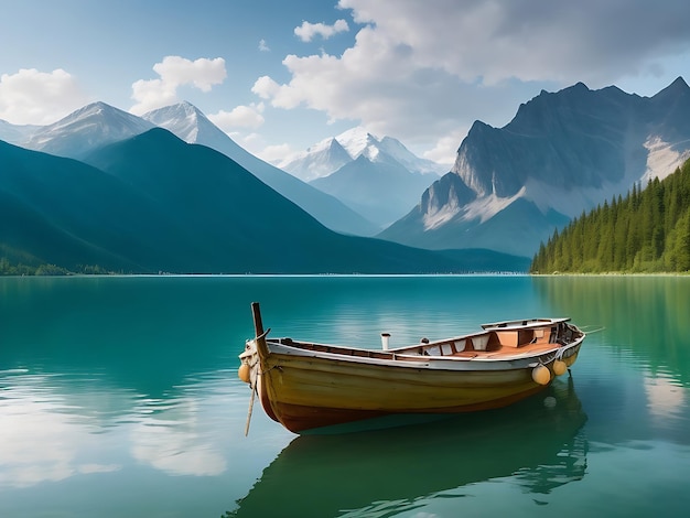 Barco en un lago con montañas de fondo generador de ai