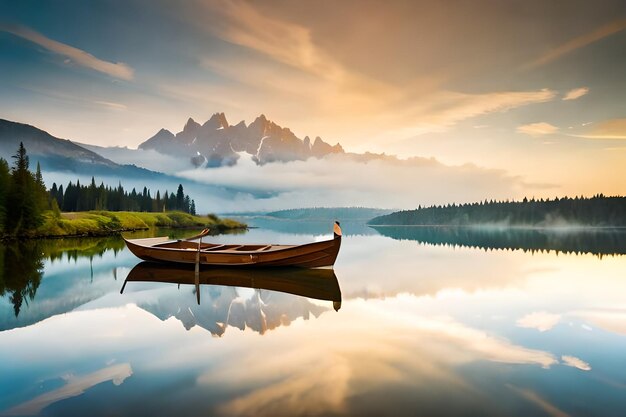 un barco en un lago con montañas en el fondo