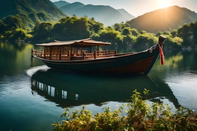 Un barco en un lago con montañas en el fondo