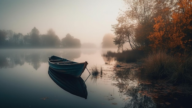 Un barco en un lago en la niebla.