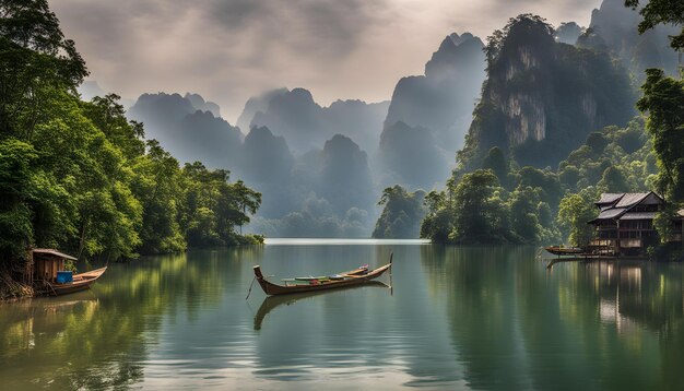 un barco en un lago con un paisaje de montaña en el fondo