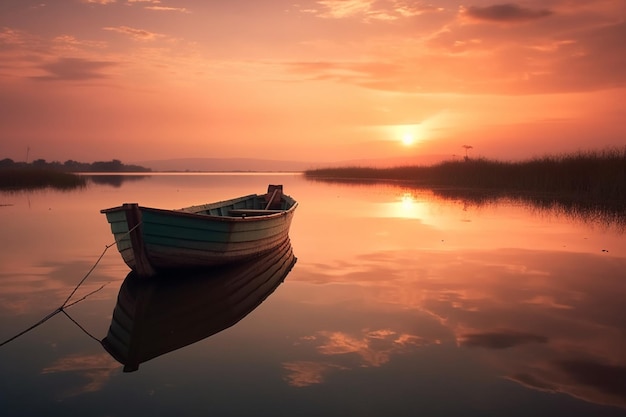 Un barco en un lago con la puesta de sol detrás de él