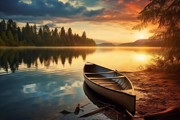 un barco en un lago con una puesta de sol en el fondo