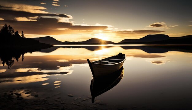 Un barco en un lago con una puesta de sol de fondo