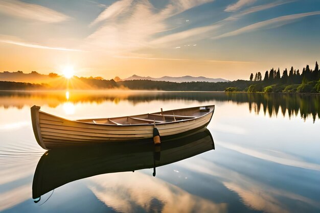 Un barco en un lago con una puesta de sol en el fondo