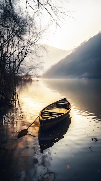 barco en el lago en una puesta de sol