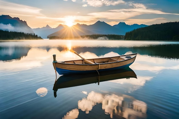 Un barco en un lago con el sol poniéndose detrás de él