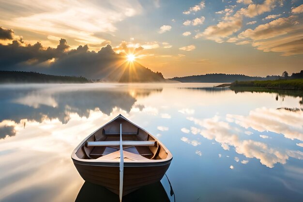 Foto un barco en un lago con el sol poniéndose detrás de él