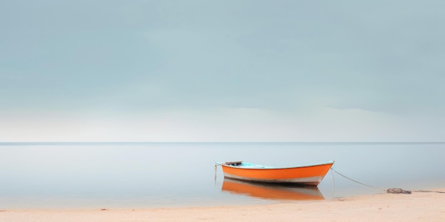 Barco laranja em águas calmas perto de uma praia Paisagem calma e tranquila IA generativa