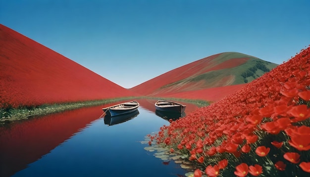 Un barco lleno de flores flotando en un río rodeado de colinas cubiertas de flores rojas