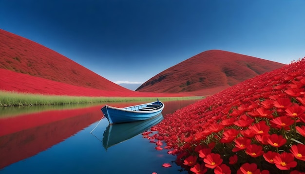 Un barco lleno de flores flotando en un río rodeado de colinas cubiertas de flores rojas