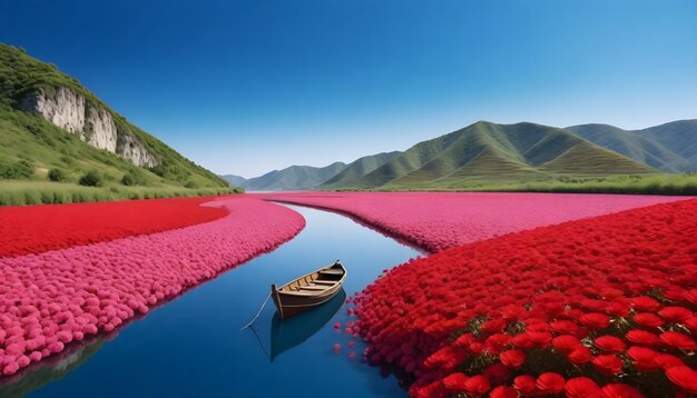 Un barco lleno de flores flotando en un río rodeado de colinas cubiertas de flores rojas