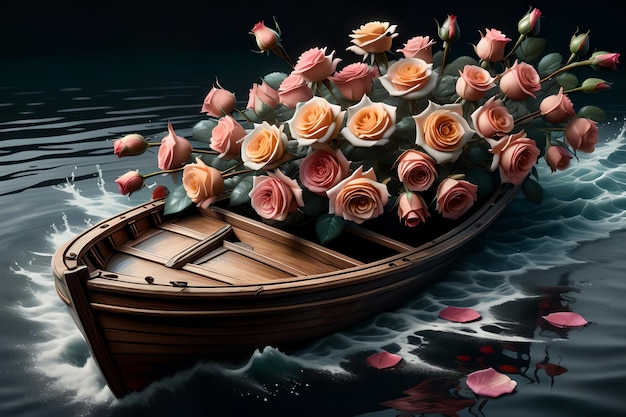 un barco lleno de rosas flota en el agua