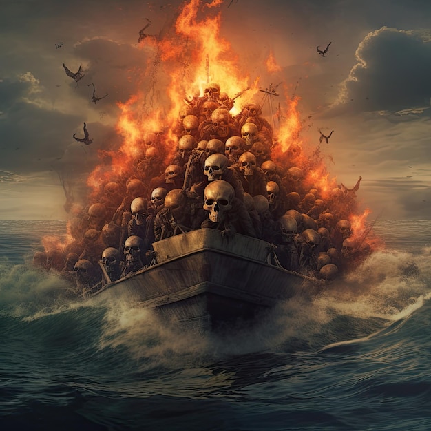 el barco lleva una calavera en llamas