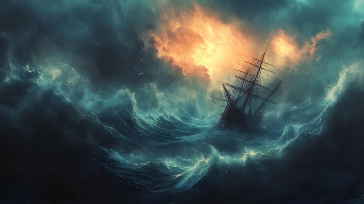 Un barco lucha contra un mar tormentoso con un cielo naranja