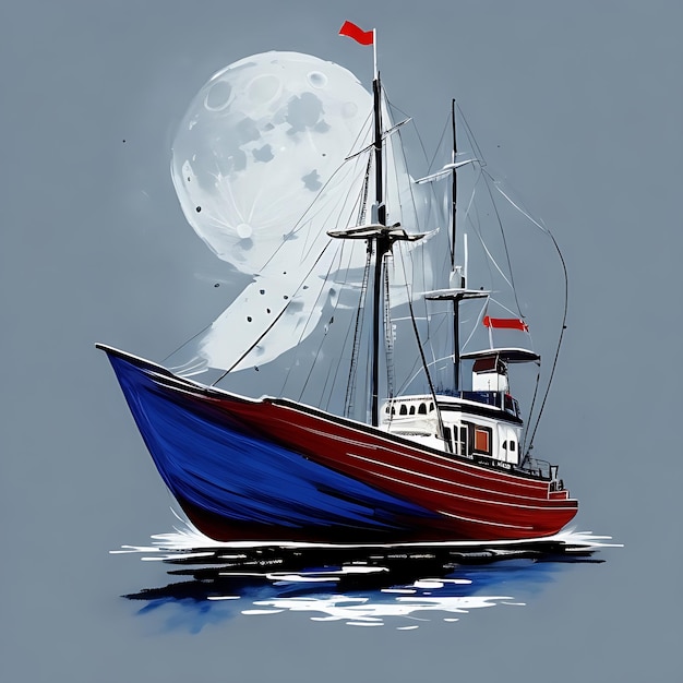 Un barco una luna Arte de pintura abstracta Dibujado a mano con pincel seco de fondo de pintura