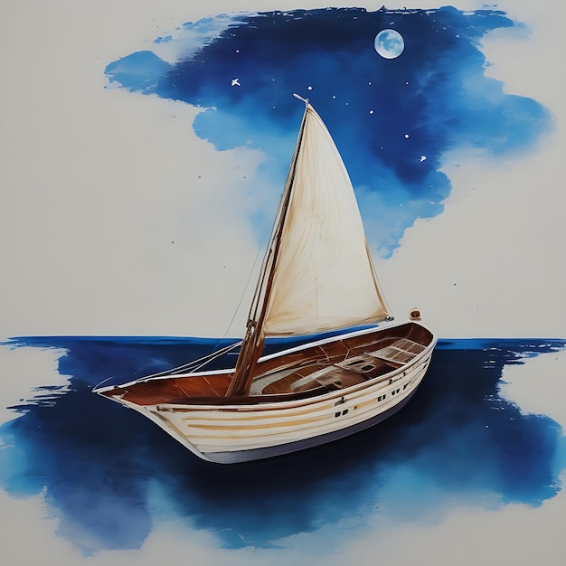 Un barco una luna Arte de pintura abstracta Dibujado a mano con pincel seco de fondo de pintura