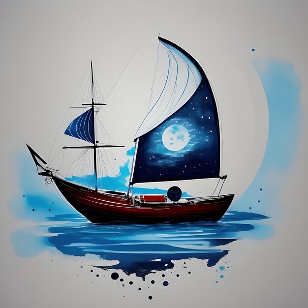 Un barco una luna Arte de pintura abstracta Dibujado a mano con pincel seco de fondo de pintura