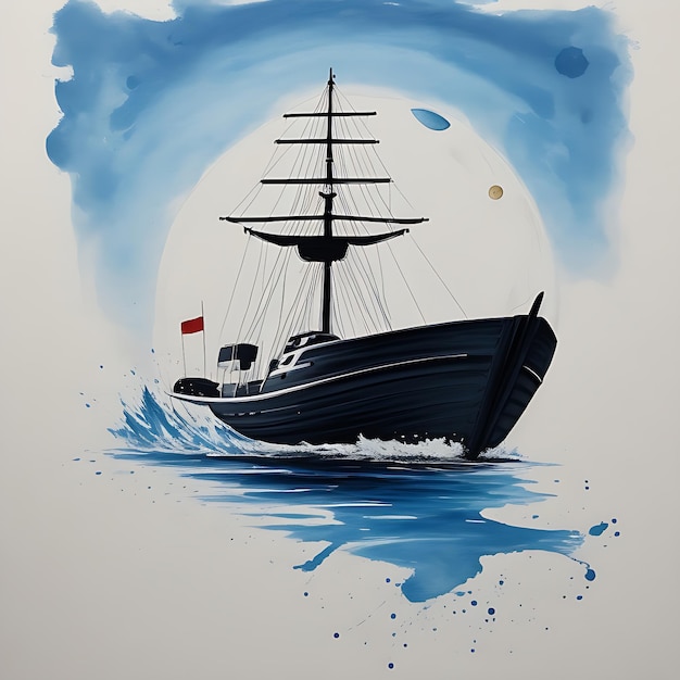 Un barco una luna Arte de pintura abstracta Dibujado a mano con pincel seco de fondo de pintura