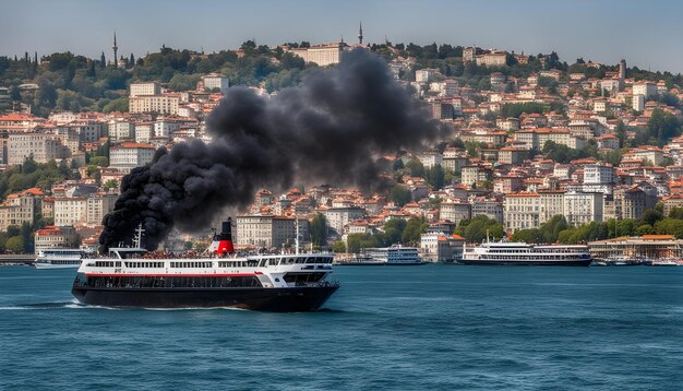 un barco con una luz roja en la parte superior está soplando humo negro