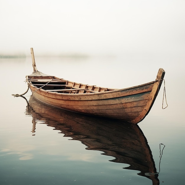 Barco de madera antiguo flotando en el agua Abundante espacio para copiar