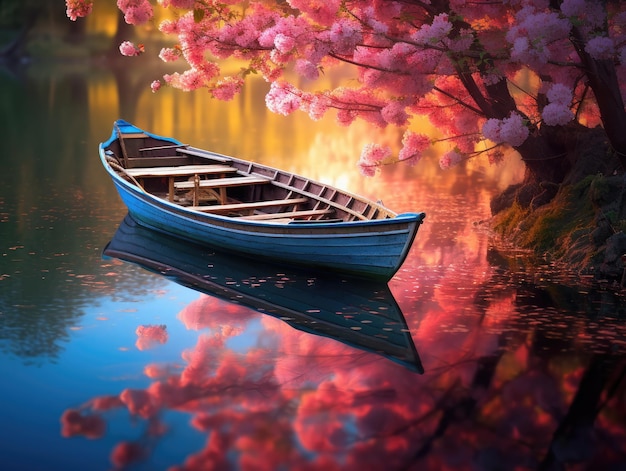 Un barco de madera en el estanque detrás de la flor de cerezo hermosas flores en primavera