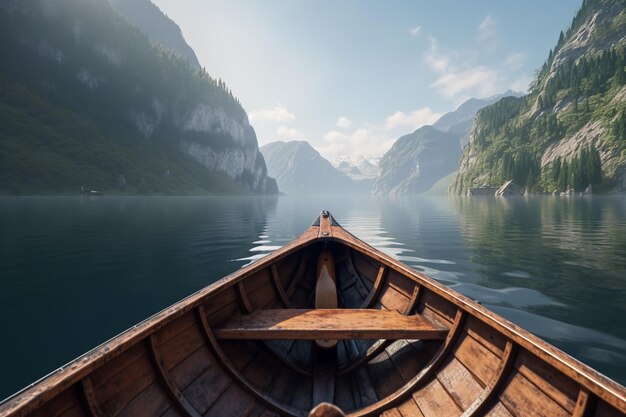 Un barco de madera flota a lo largo de un río de montaña en una vista soleada del clima de primavera desde el barco en primavera