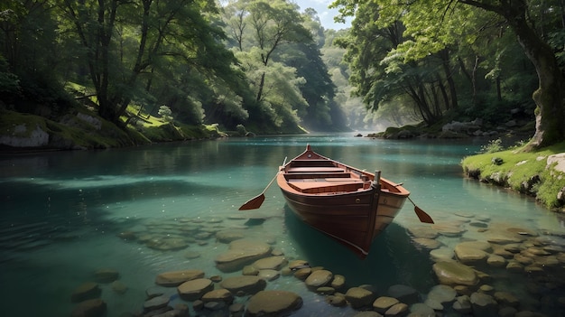 Foto barco de madera flotando en el río