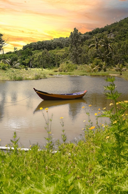 Barco de madera en el lago entre flores amarillas en Vietnam bajo la puesta de sol