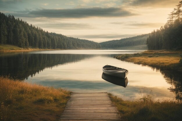 Barco de madera en la orilla de un lago en el bosque