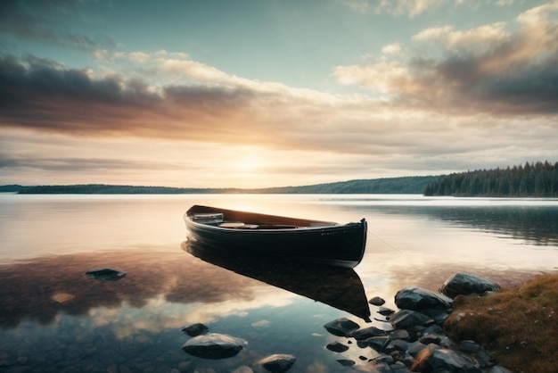 Barco de madera en la orilla de un lago en el bosque