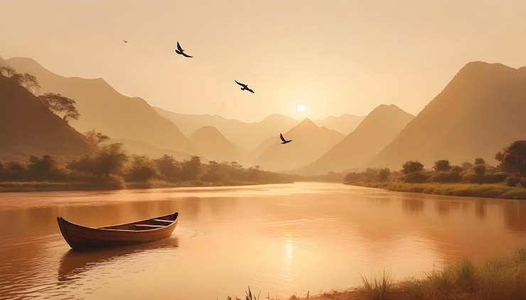 Barco de madera en el río Hora de oro vista del paisaje con montañas árboles y pájaros
