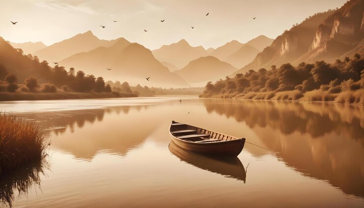 Barco de madera en el río Hora de oro vista del paisaje con montañas árboles y pájaros