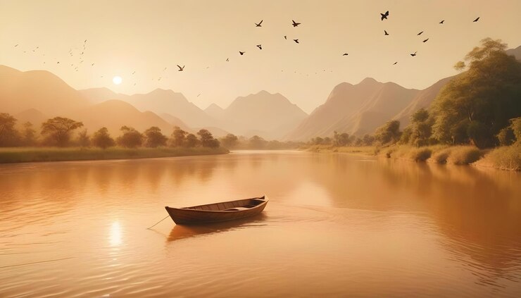 Barco de madera en el río Hora de oro vista del paisaje con montañas árboles y pájaros