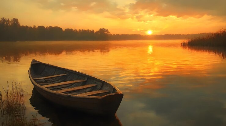 Un barco de madera solitario descansa en aguas tranquilas al atardecer