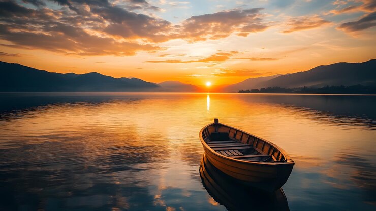 Un barco de madera solitario se sienta en un lago tranquilo al atardecer rodeado de montañas