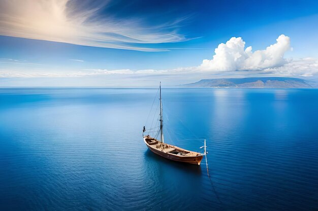 Un barco en el mar azul con un cielo nublado