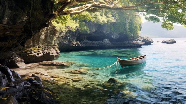 Un barco en un mar azul