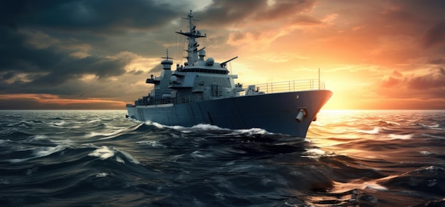 barco militar en el océano al atardecer