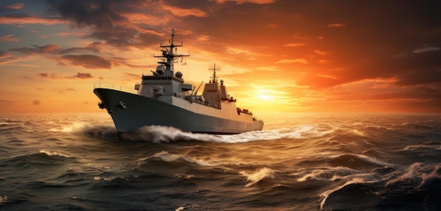 un barco militar viajando sobre el agua al atardecer