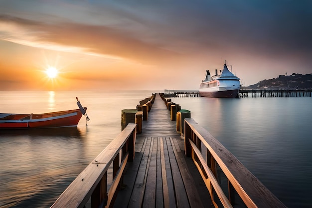 Un barco en un muelle al atardecer