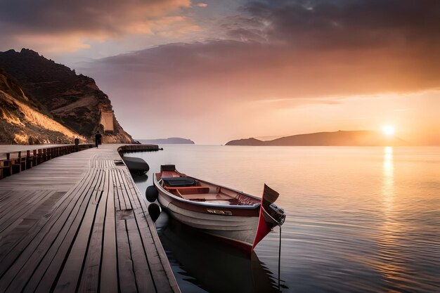 Un barco en un muelle con una puesta de sol de fondo