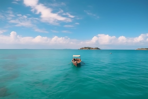 Barco na água turquesa do oceano contra o céu azul com nuvens brancas Ai Generative