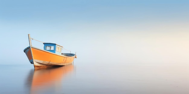 Barco naranja en aguas tranquilas cerca de una playa Paisaje tranquilo generativo de IA