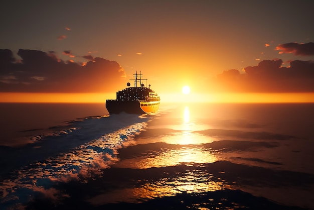 Un barco navega al atardecer en el océano.