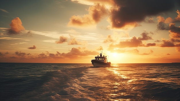 Un barco navega en el océano al atardecer.