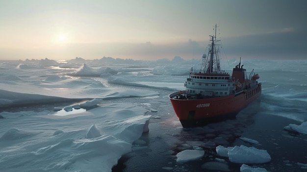 El barco navega a través del océano congelado
