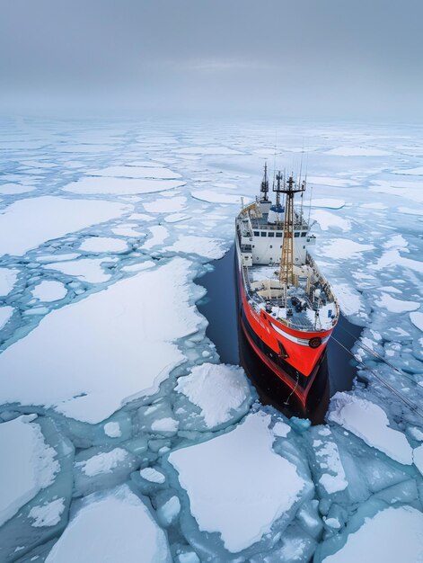 El barco navega a través del océano congelado